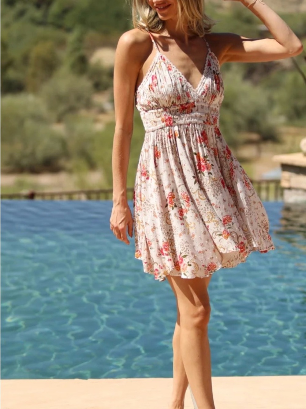 Angie Floral Smocked Waist Sundress in Ivory with Pink and Coral Blooms